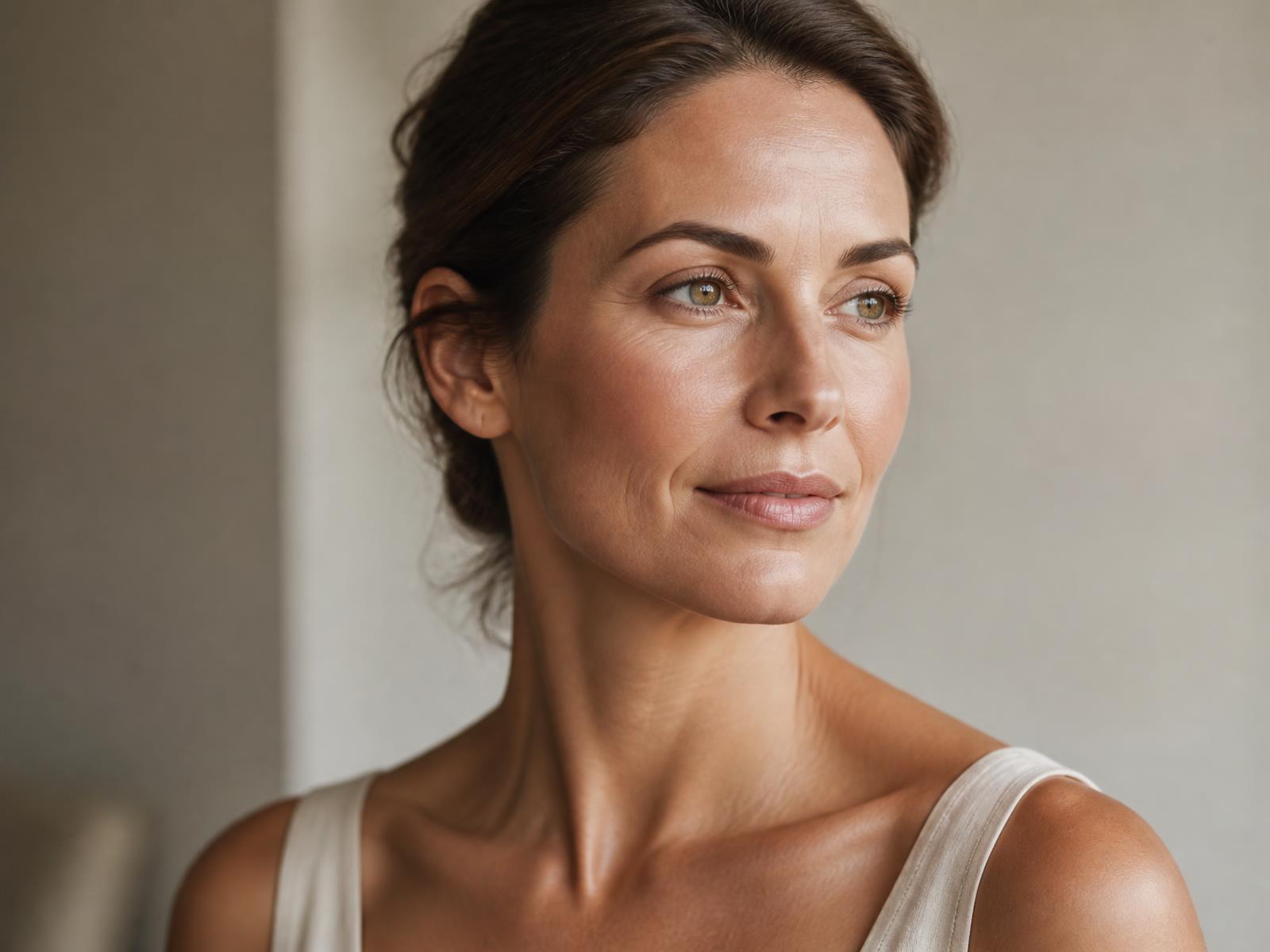 Portret van een vrouw met opgestoken haar en een verzorgde, natuurlijke huid, zijdelings kijkend in zacht daglicht tegen een ivoorkleurige achtergrond.
